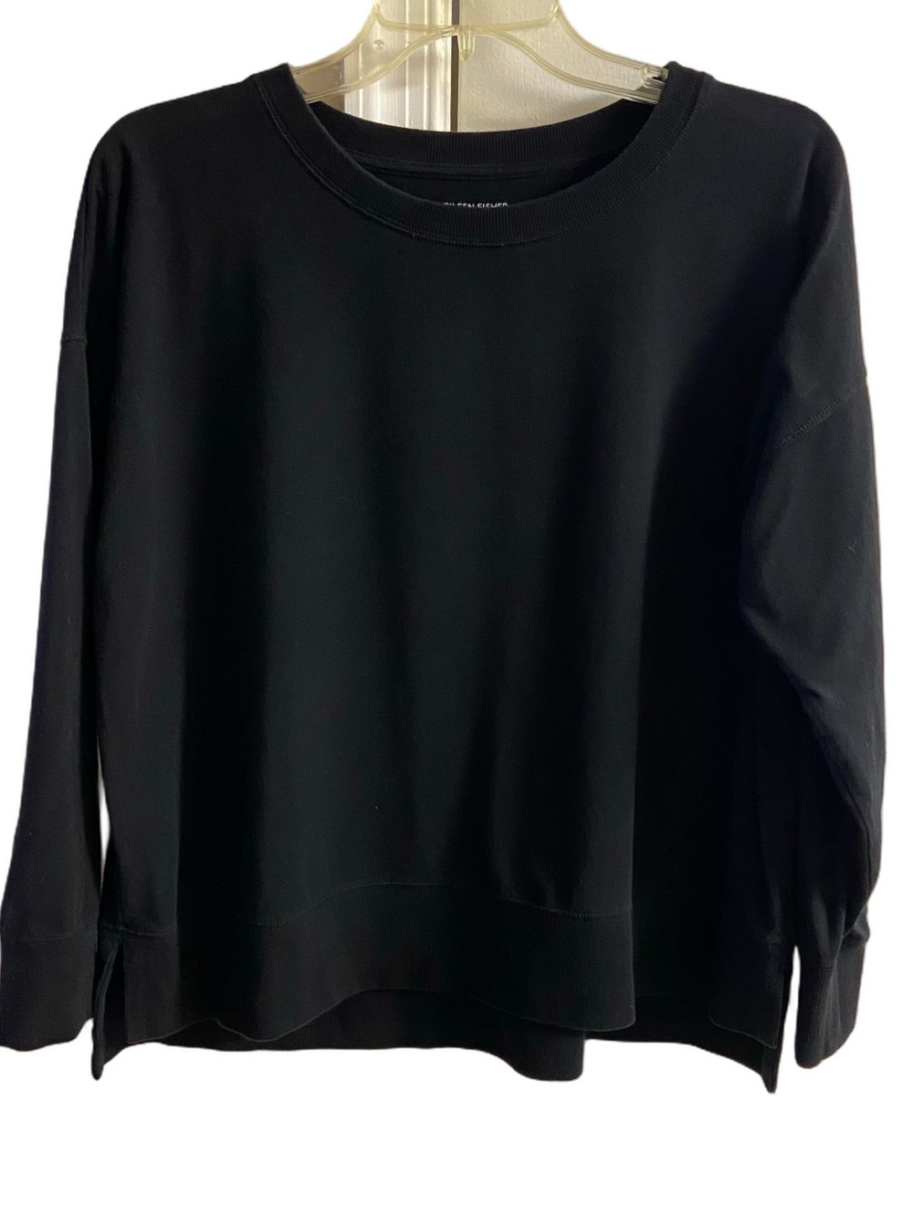 Eileen Fisher Black Boxy Long Sleeve Sweatshirt Side Slit Hem Medium